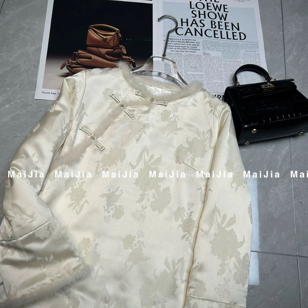 新中式女装常规款气质上衣重工长袖中式纯色斜襟提花----10666