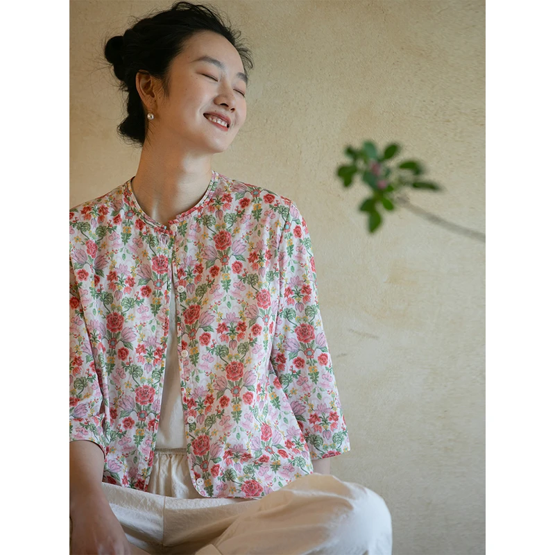 牧衣游原创 蔷薇印花纯棉衬衫女新款轻薄文艺百搭碎花上衣 寄长月