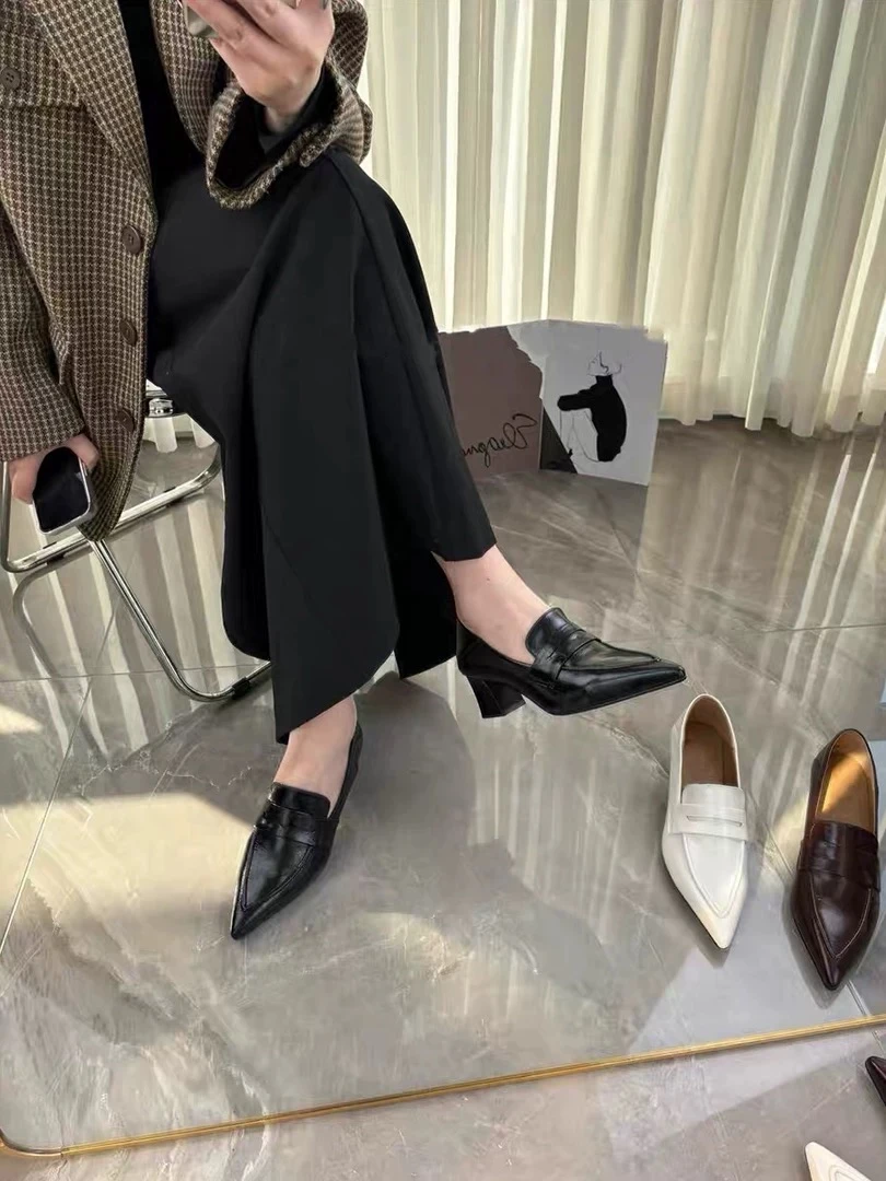 羊皮一脚蹬鞋气质小高跟粗跟尖头国潮乐福鞋百搭低跟单鞋女鞋