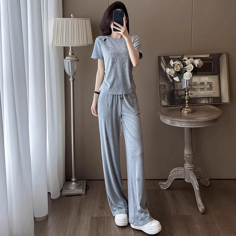 miu里miu气休闲运动套装女夏季洋气减龄灰色短袖T恤阔腿裤两件套