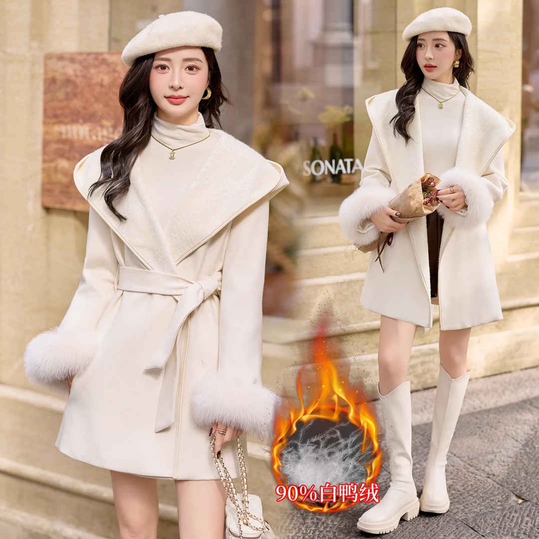 高级感轻奢羽绒服女狐狸毛2025年冬季新款气质白鸭绒连帽呢子大衣