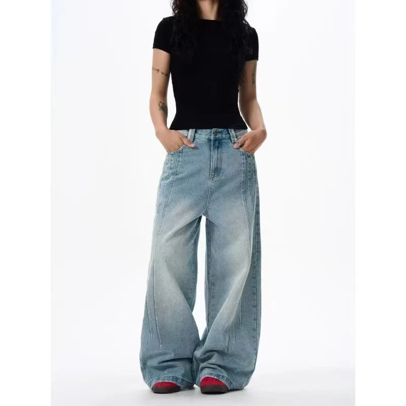 美式复古条纹缝线弯刀牛仔裤女休闲拖地cleanfit裤子