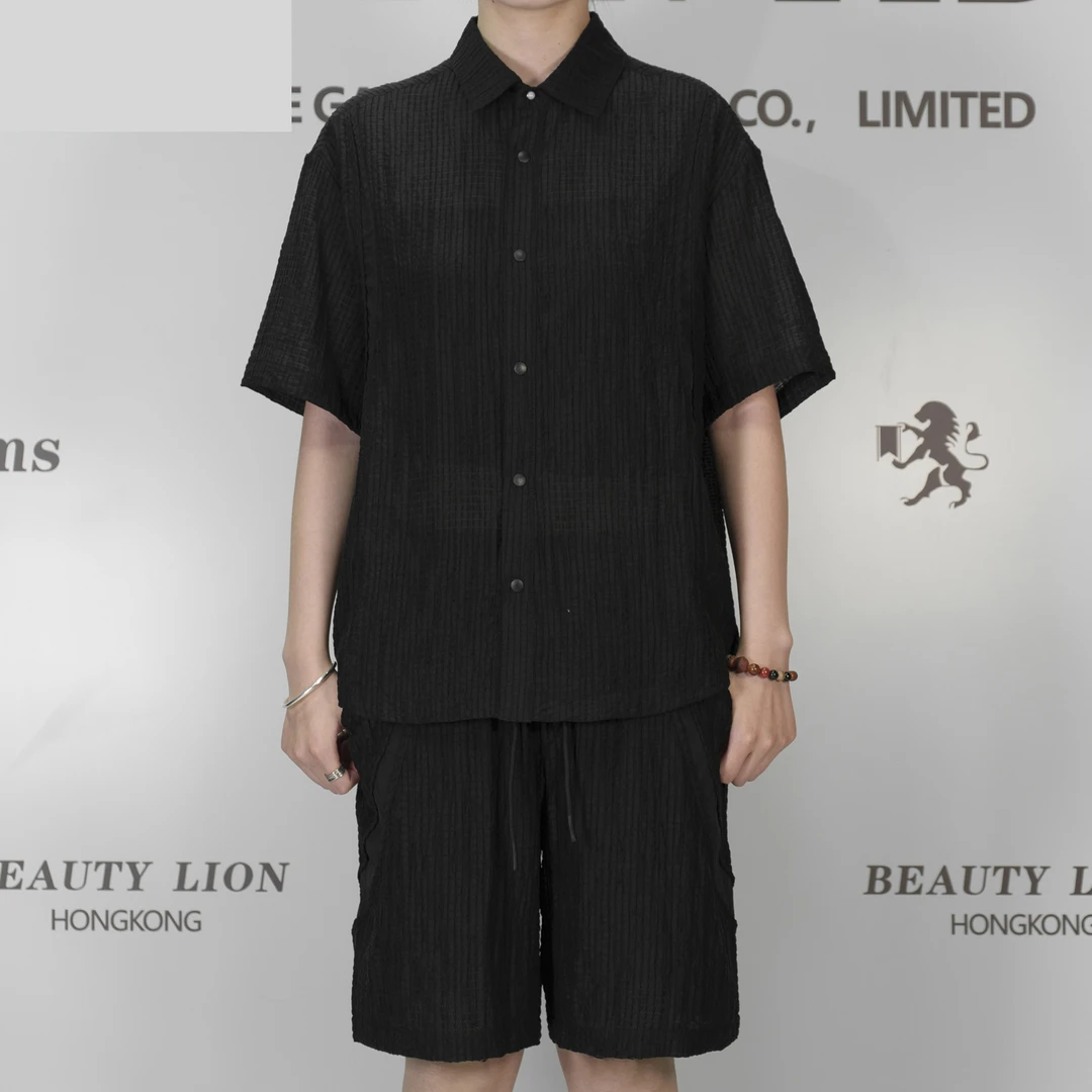 2025H·K美狮潮牌港风时尚夏季透气翻领短袖薄款条纹休闲套装