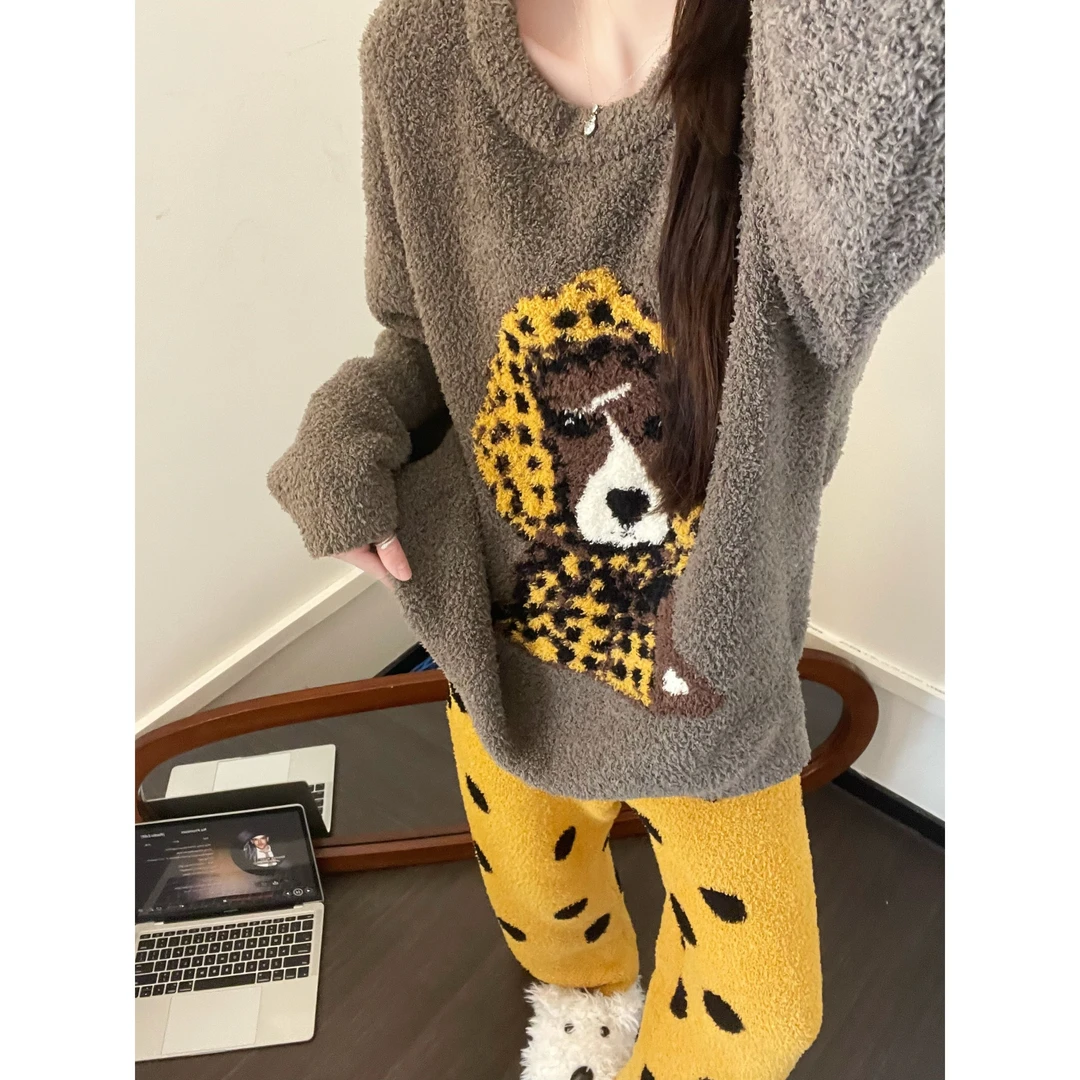 可爱甜美卡通小狗半边绒睡衣女秋冬季新款波点长裤家居服套装外穿