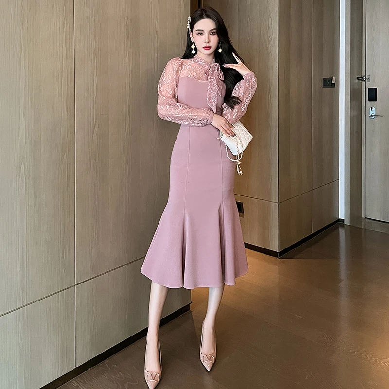 【清一件不留】气质蕾丝修身鱼尾连衣裙20174粉红色连衣裙