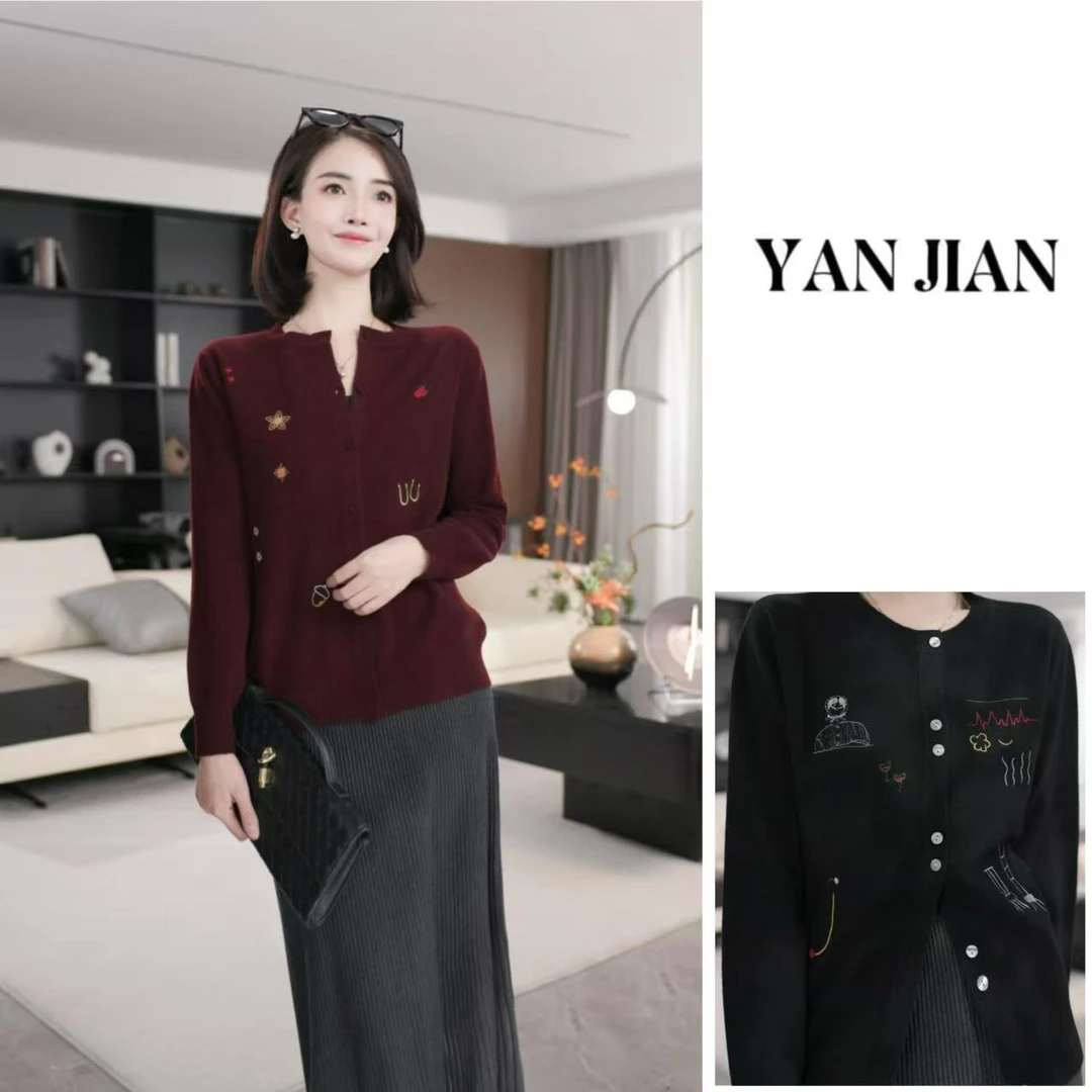 YAN JIAN【趣味花绣】100%绵羊毛全手工刺绣花精致感上衣