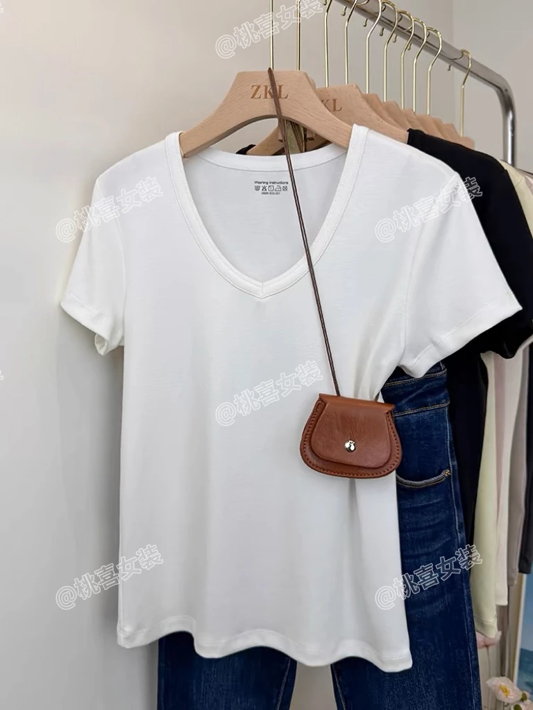 基础百搭冰爽丝密螺纹正肩V领短袖T恤