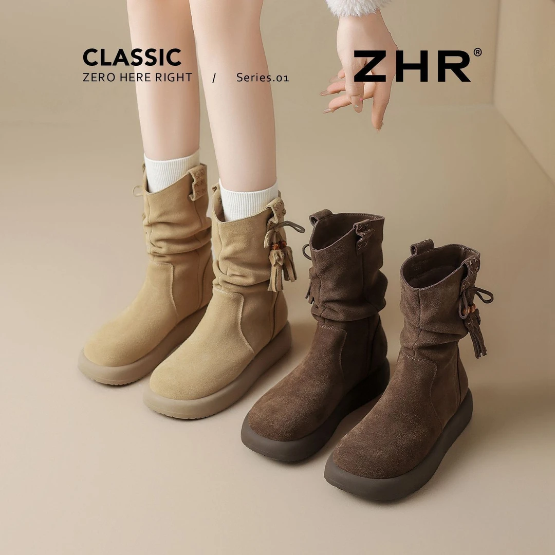 ZHR则则复古厚底西部褶皱流苏牛仔堆堆靴EH256A