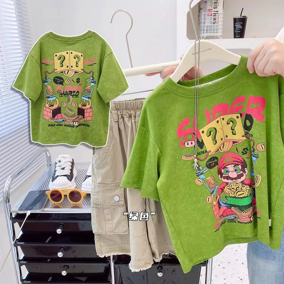 2025新款男童女童纯棉短袖韩版中性印花衣服卡通动漫T恤绿色夏款