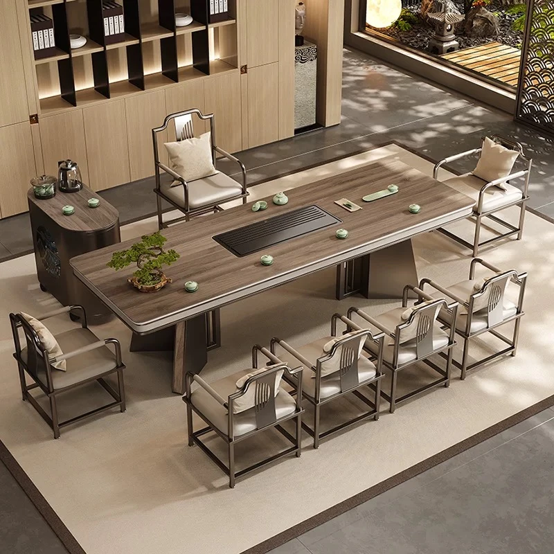 【木纹】岩板大板茶桌组合一桌五椅新中式茶几办公室家用泡茶台一体