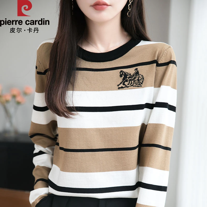 皮尔卡丹新款圆领撞色条纹长袖针织衫时尚百搭宽松简约休闲上衣女