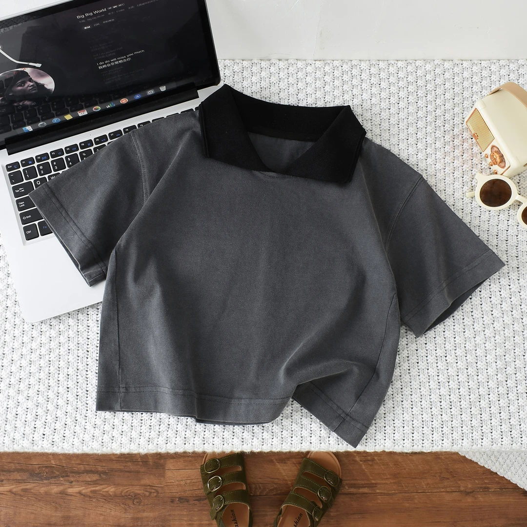 男童夏季薄款短袖2025新款韩版女童T恤重工砂洗简约polo上衣潮