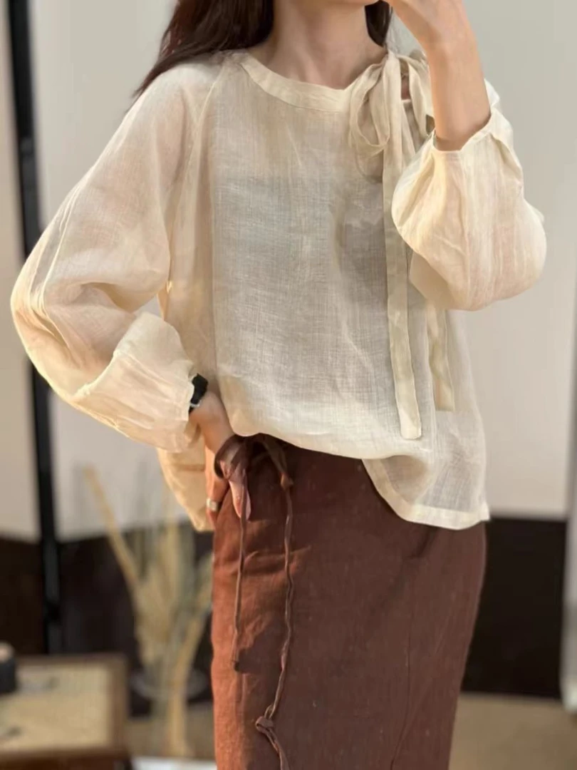 【L11】文艺夏衬衫圆领轻薄防晒上衣领口侧边飘带休闲遮肉小衫