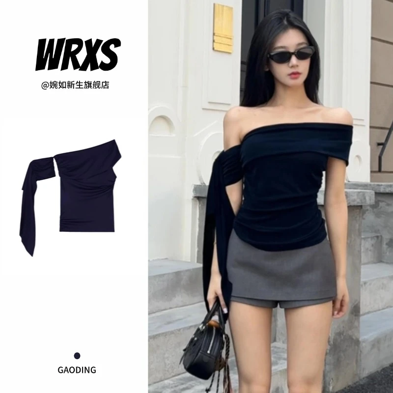 【婉如新生】设计感斜肩飘带短袖t恤女夏季法式辣妹ins修身露肩上衣