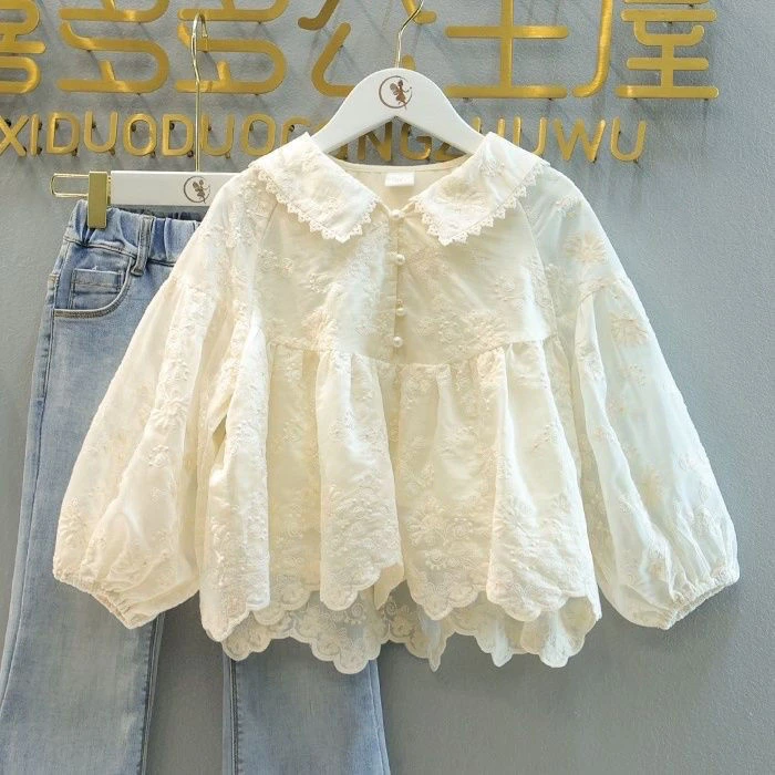 AZ女童春秋季套装新款洋气蕾丝娃娃领衬衫儿童公主