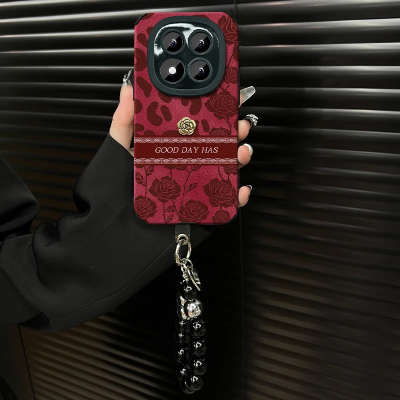 适用【红米note14pro】豹纹玫瑰ins风秋冬酒红翻毛皮网红手机壳女款