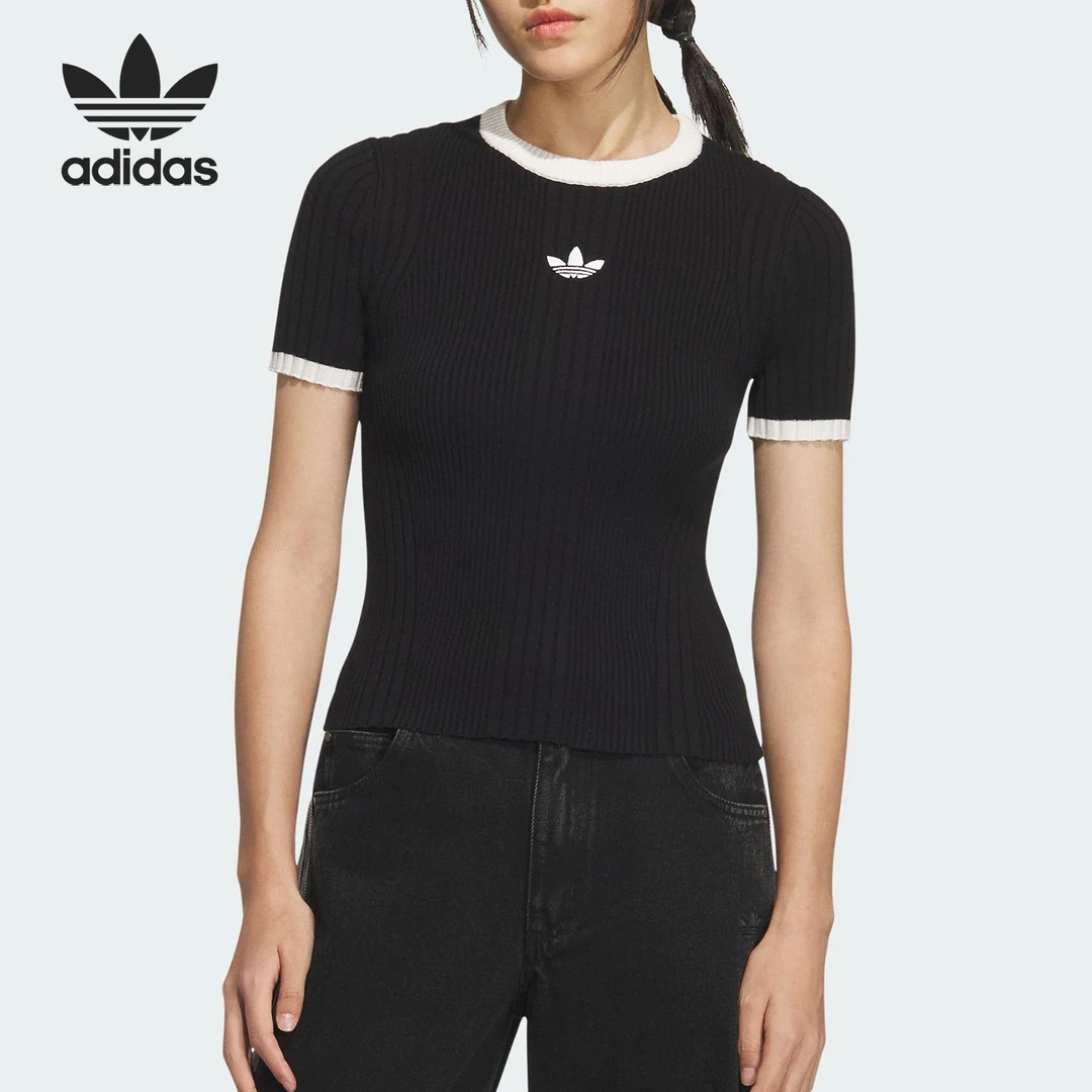 Adidas/阿迪达斯正品三叶草女士修身针织休闲短款短袖KS6110