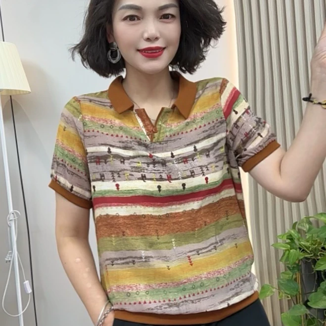 夏季新款薄款剪刀领中老年女装洋气显瘦气质百搭休闲妈妈装 Y2558