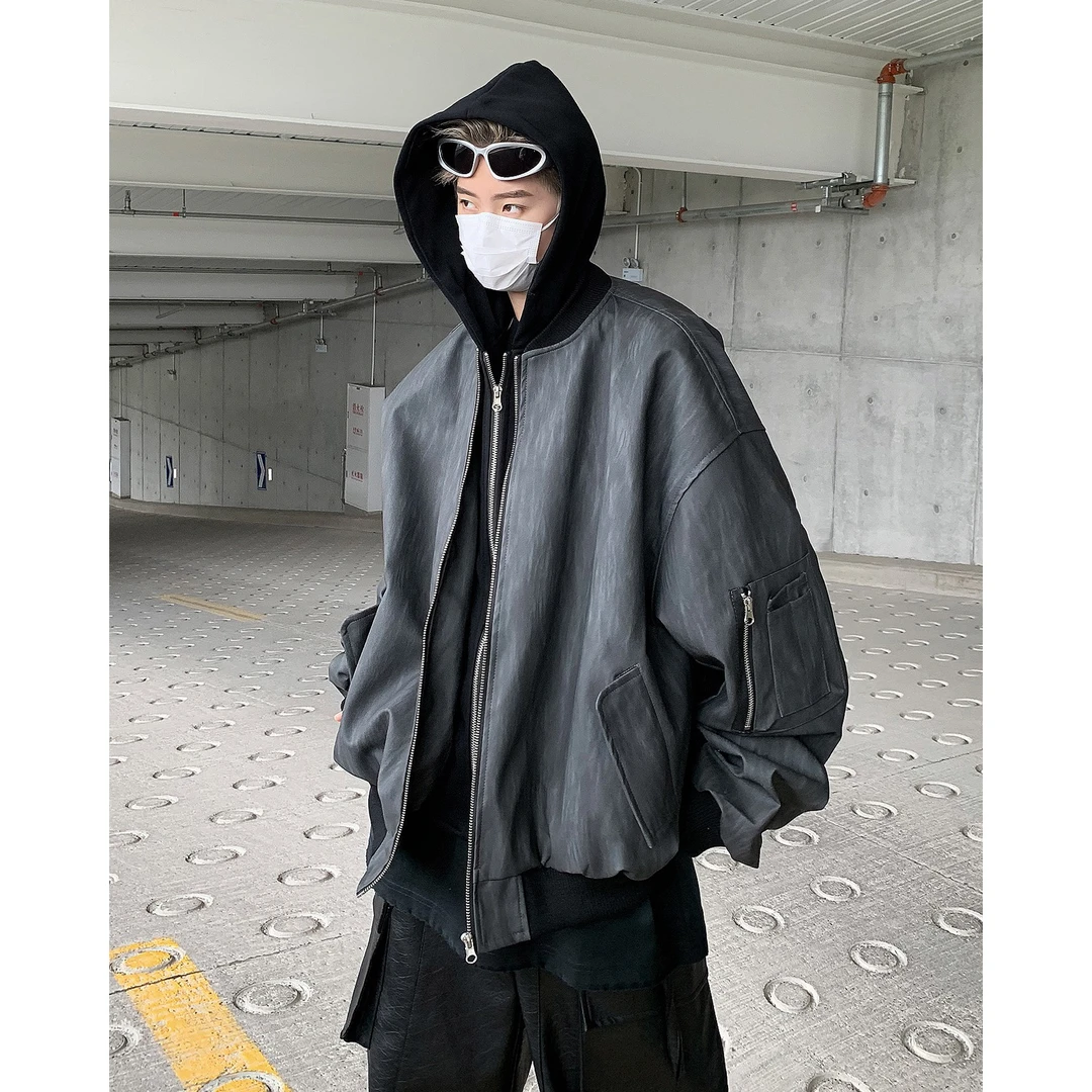 高级黑灰纹理连帽假两件皮夹克男款宽松百搭外套pu皮衣W5916-