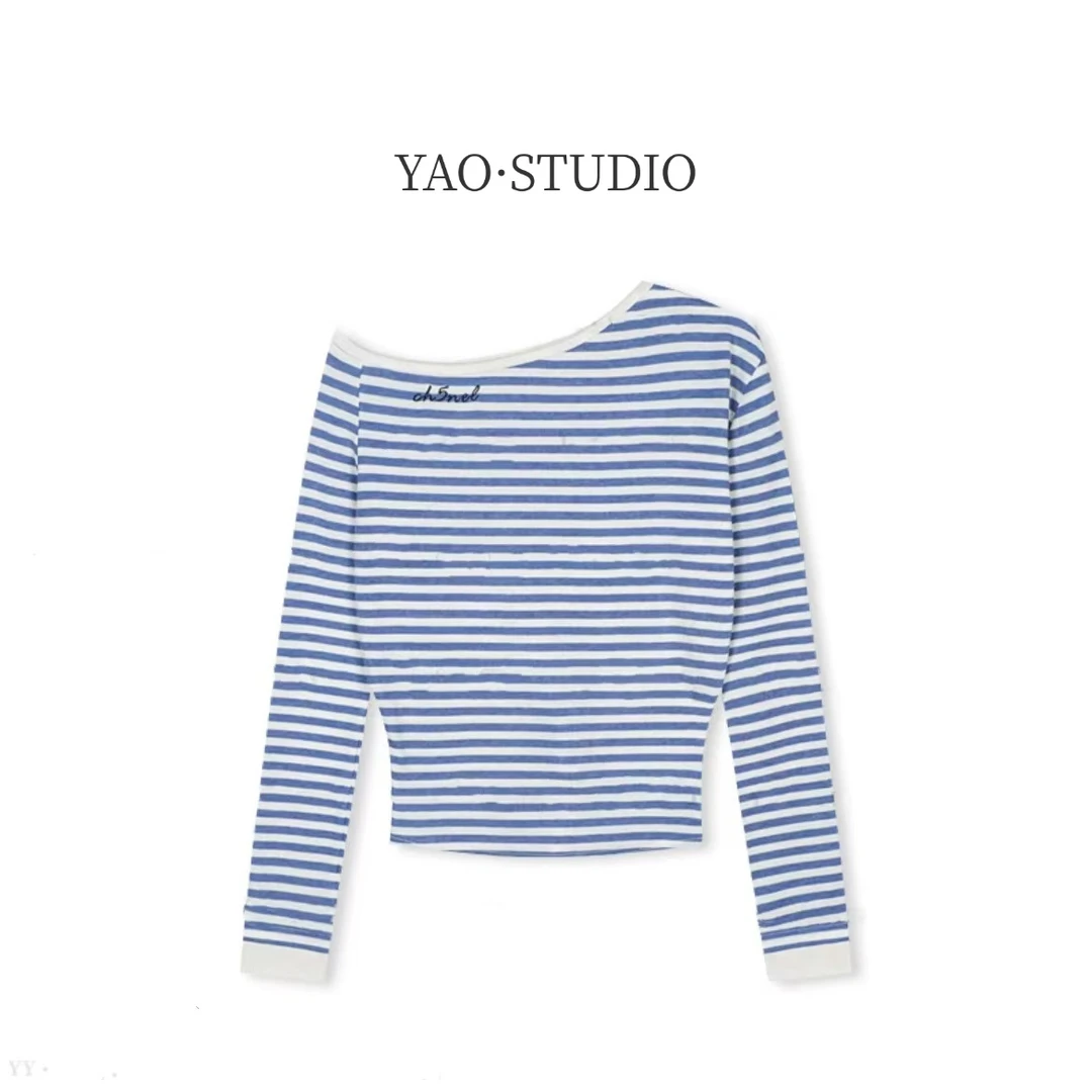 2025春夏百搭斜肩字母条纹长袖T恤休闲上衣