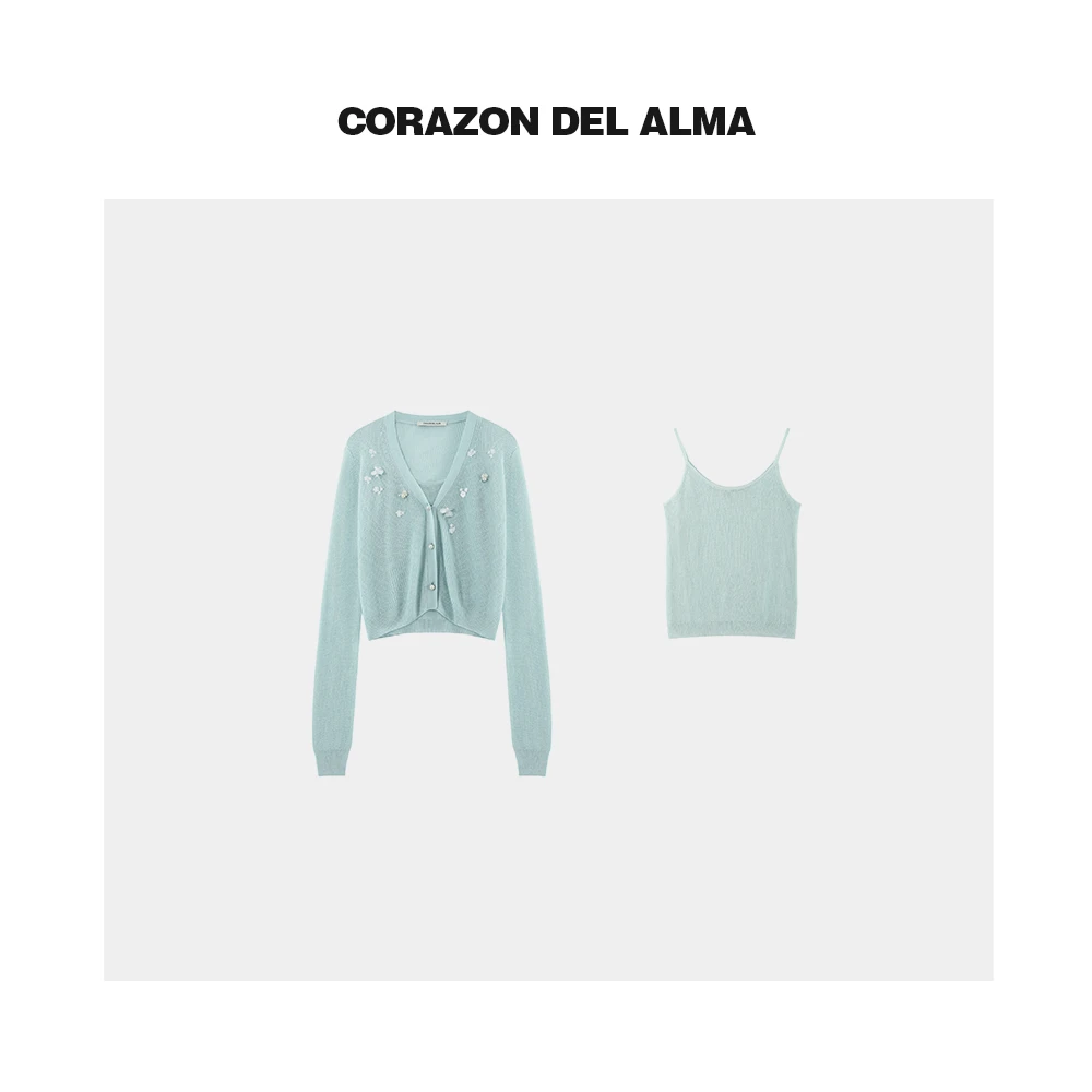 【云岫两件套】亲肤感天丝亚麻混纱手工珠花毛织吊带开衫-25JWAW65