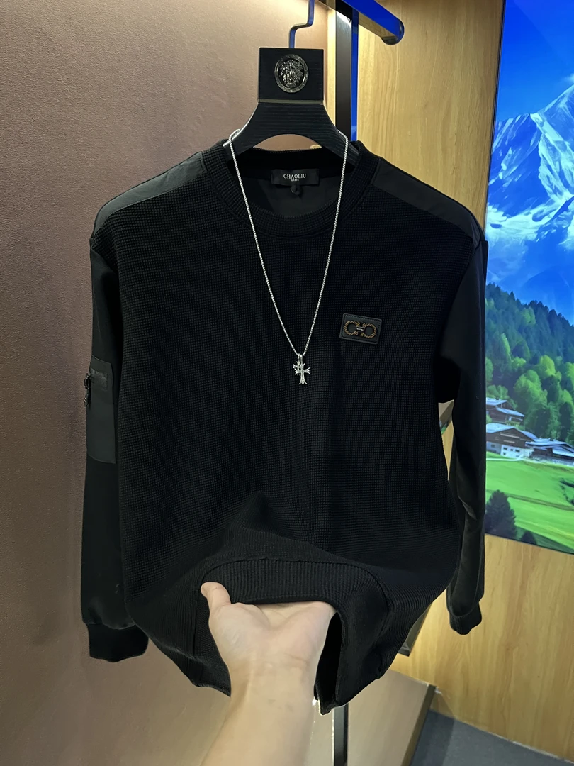 2025秋冬新款套头圆领拼接卫衣长袖穿针织常规款男款重工带口袋