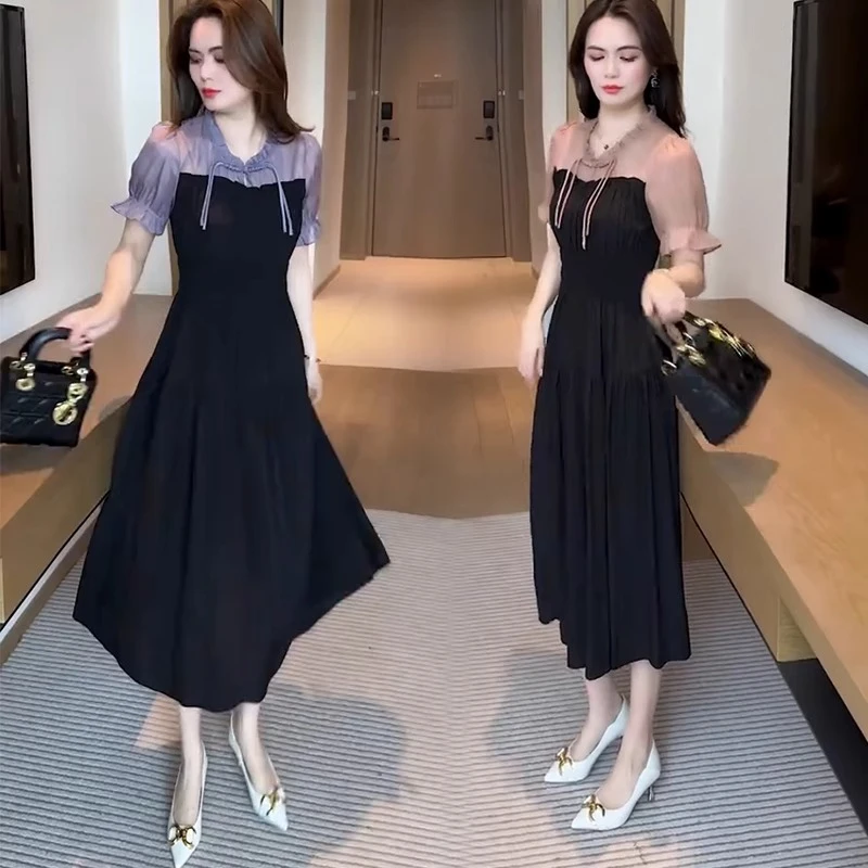 新中式雪纺连衣裙女夏季新款洋气显瘦遮肚收腰拼接假两件裙子