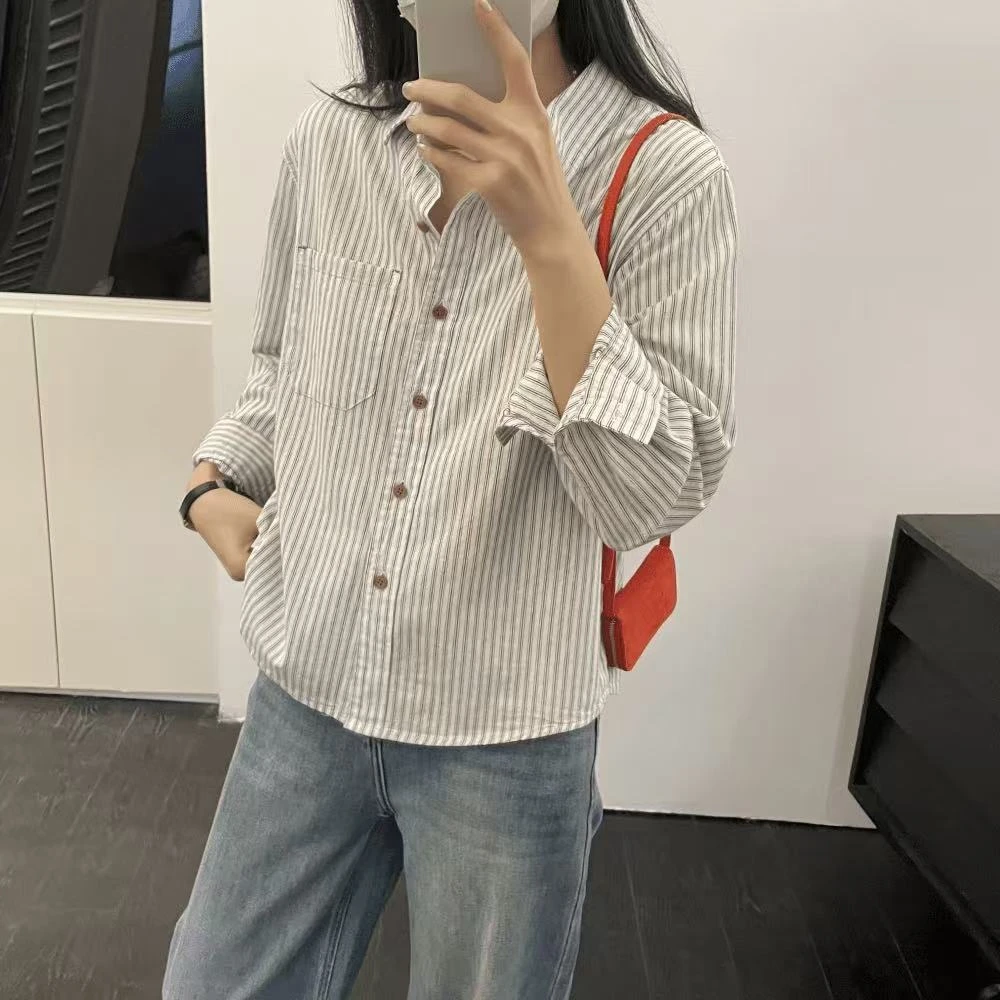 『100%棉 学院风』条纹衬衫女纯棉百搭色织棉纱衬衣内搭春秋衬衫