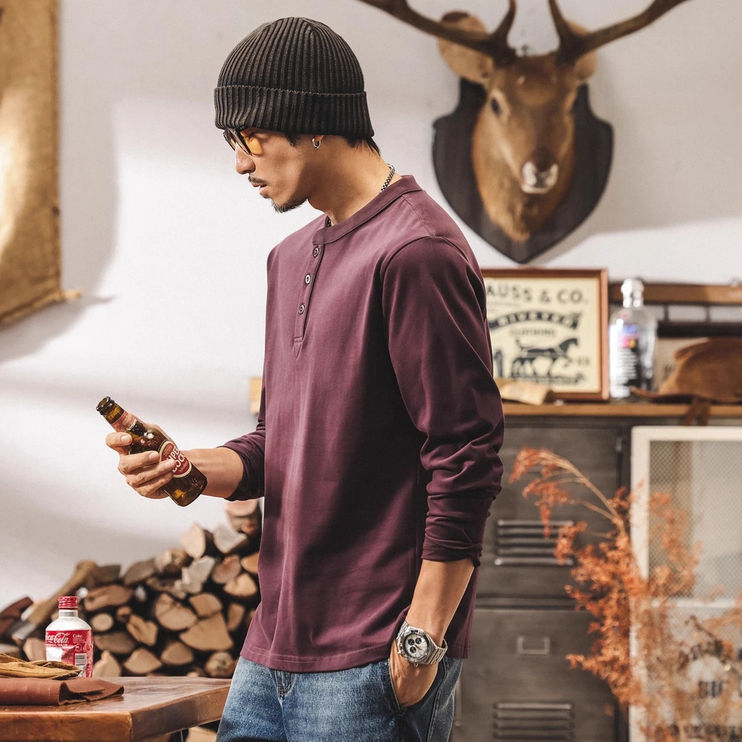 美式复古柔感磨毛紫色长袖t恤男秋冬款宽松新款亨利领男士Polo衫