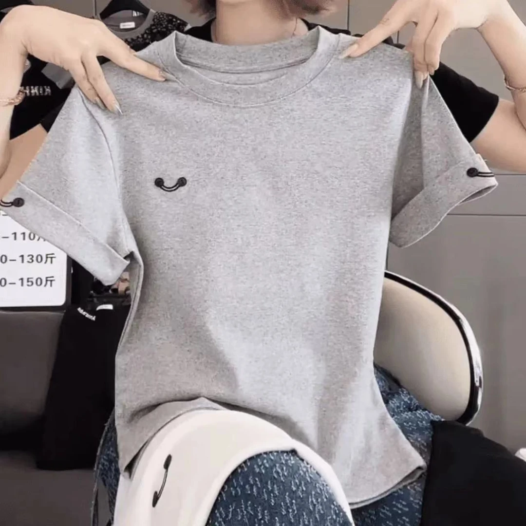 纯棉 「刺绣简约·纽扣笑脸」外贸原单短袖T恤女显瘦百搭上衣25003