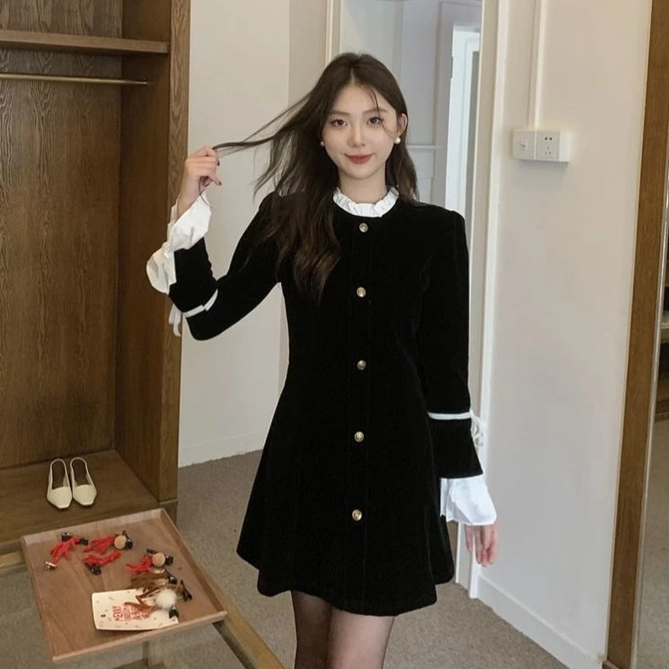 微胖定制秋冬甜美丝绒连衣裙原创小众设计气质收腰显瘦裙子W0324L