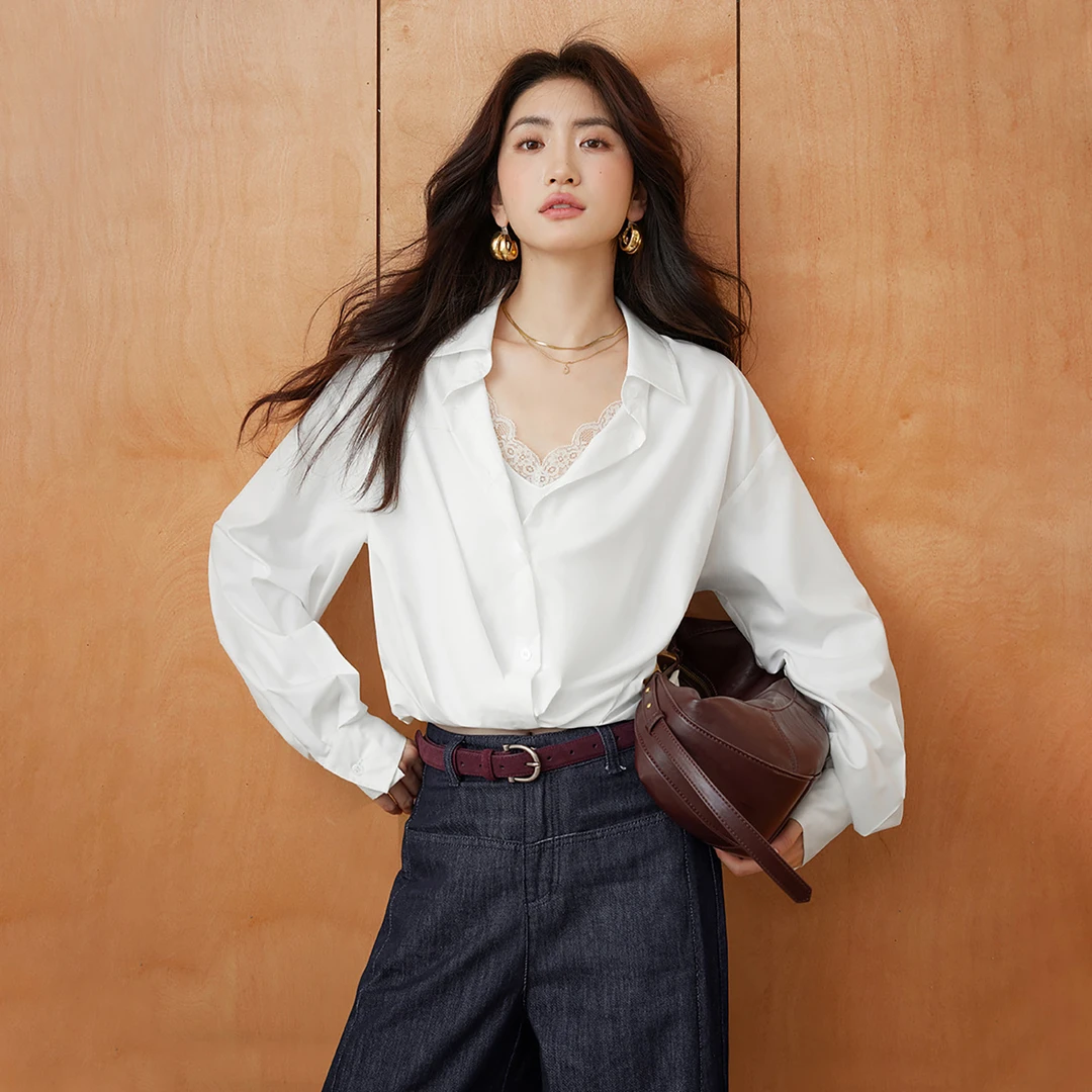 【朗系列 旗舰同步】蕾丝拼接设计感假两件长袖衬衫2025夏女装