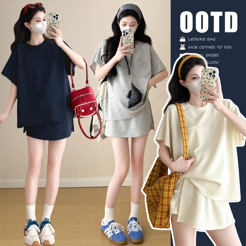 孕妇2025夏季韩版运动休闲风圆领短袖上衣+短裤裙孕妇两件套