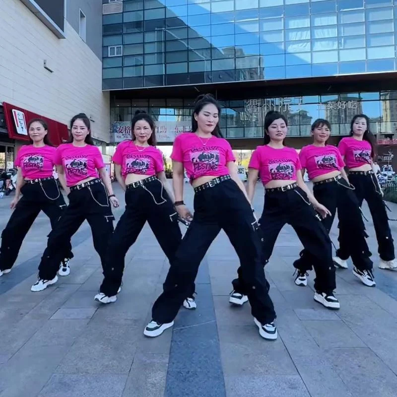 夏季曳步舞广场舞跳舞专用服装同款含棉修身弹力短袖T恤