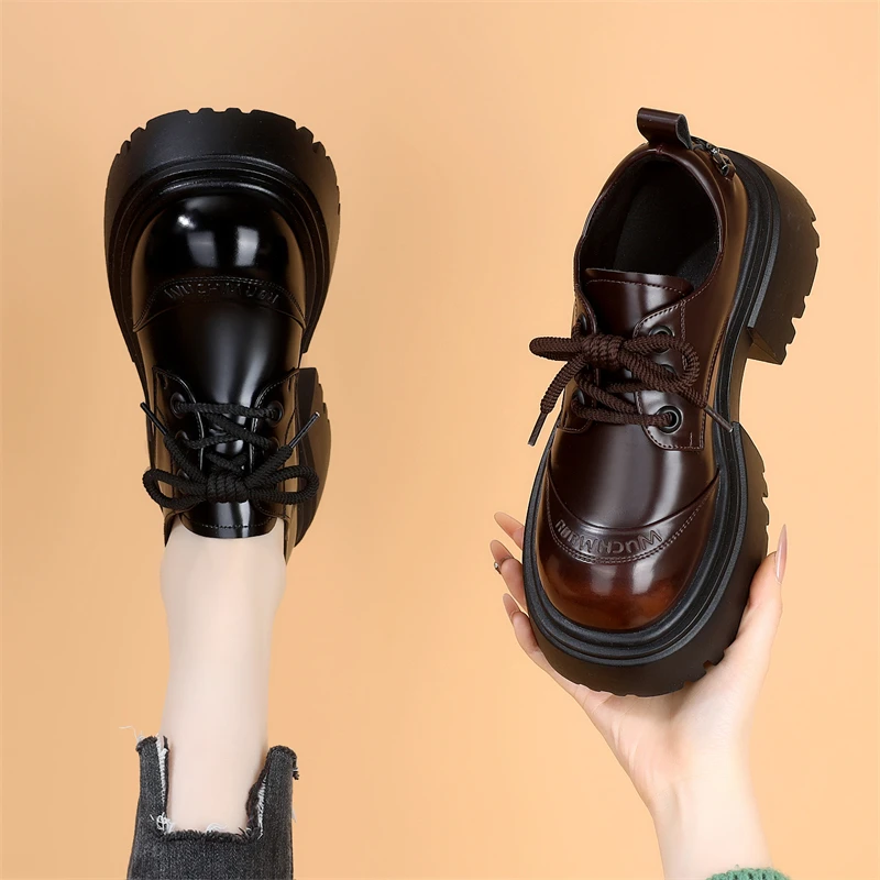 【专柜版本】7厘米厚底增高乐福鞋秋冬季加绒增高英伦风系带小皮鞋