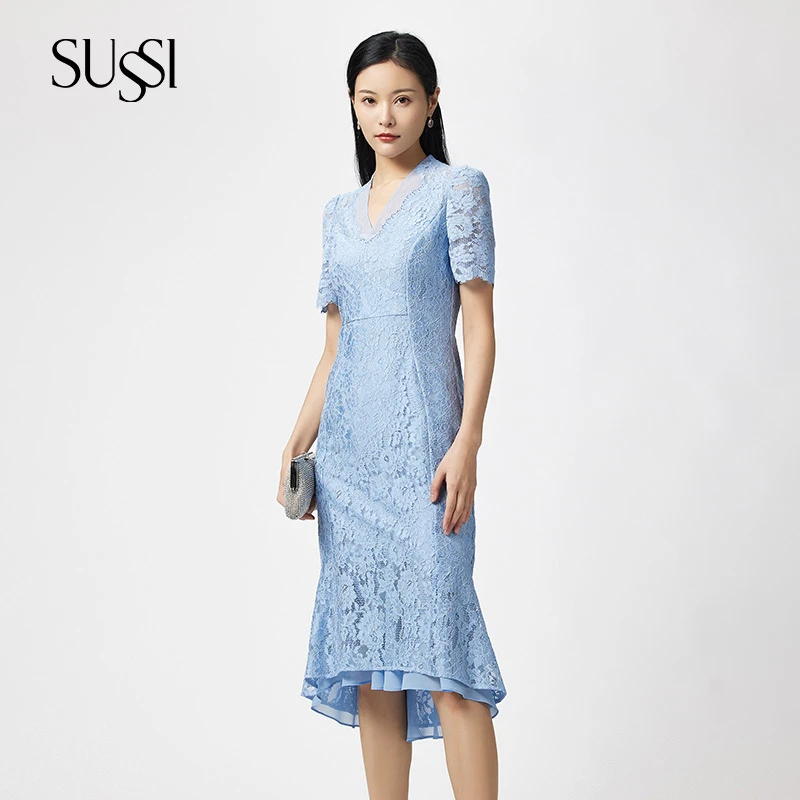 SUSSI古色丨“冰川”法式蕾丝V领短袖鱼尾礼服度假穿搭出游连衣裙