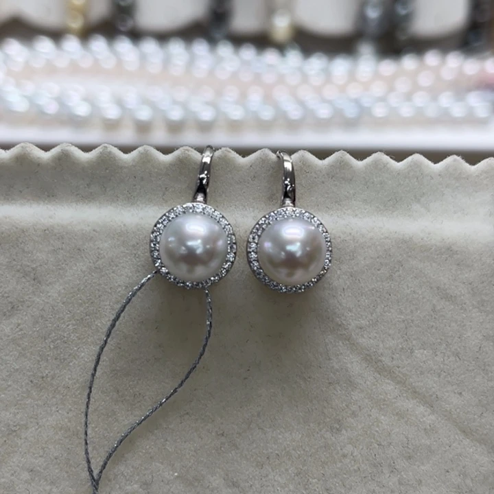 银S925镶嵌耳饰海水珍珠澳白8-9m 70号