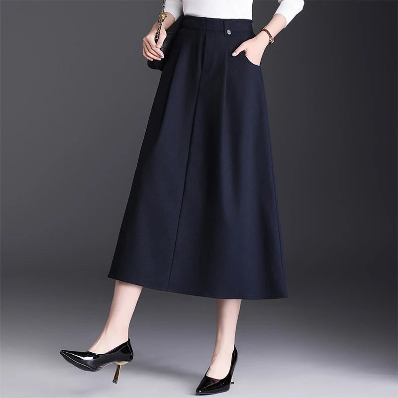 藏青色休闲半身裙女2025秋季新款高腰显瘦a字裙中长过膝遮跨伞裙
