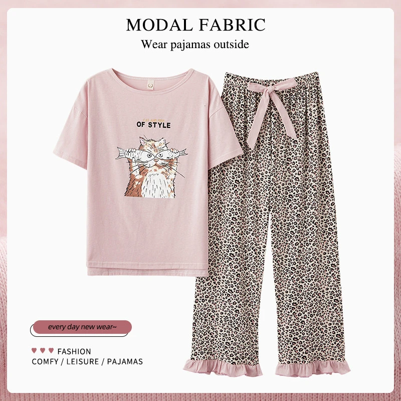 维多利亚透气舒适睡衣女士套装短袖可爱卡通豹纹九分裤大码家居服
