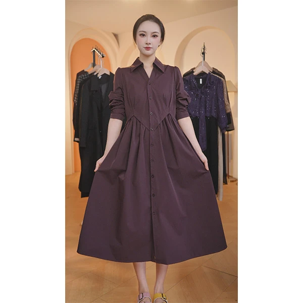 L9437 2025年早秋新款时尚气质收腰显瘦中长款连衣裙