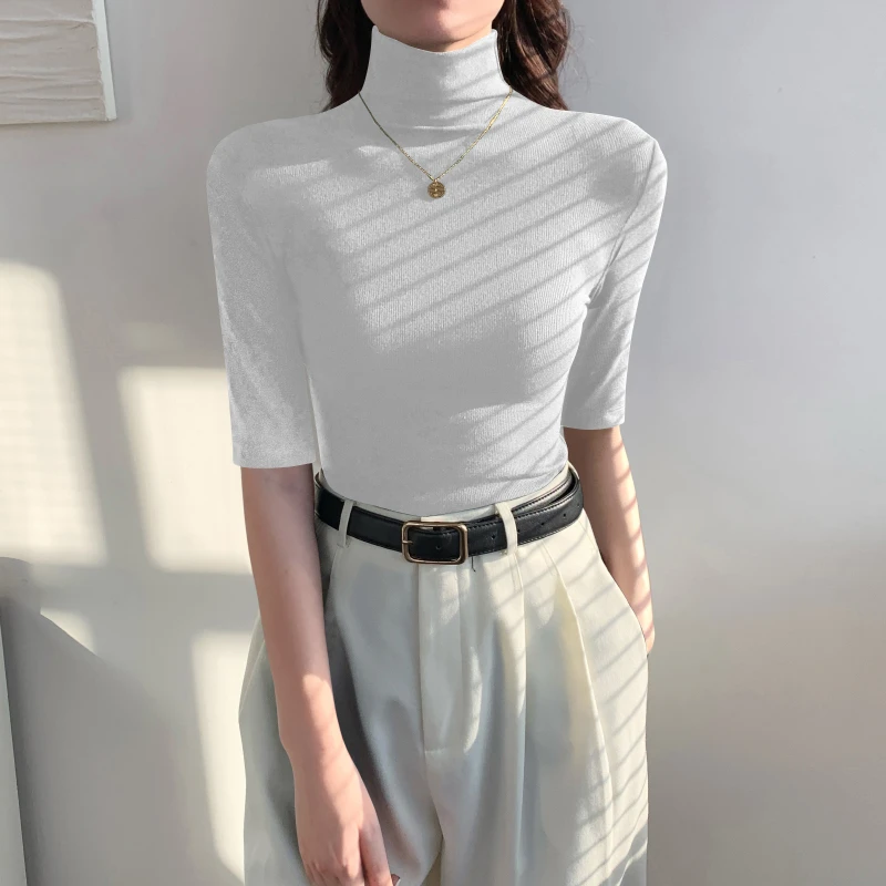 白色高领中袖打底衫t恤女春秋季穿搭2025新款修身高级感内搭上衣