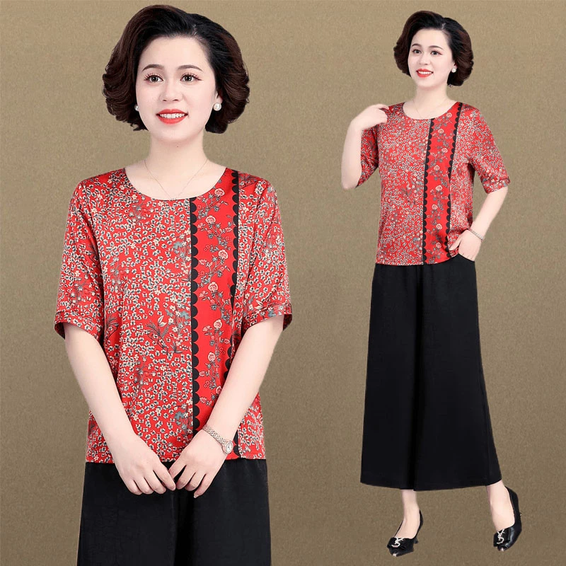 罗蒙妈妈夏装新中式国风高档T恤小衫女新款时尚宽松减龄中年上衣