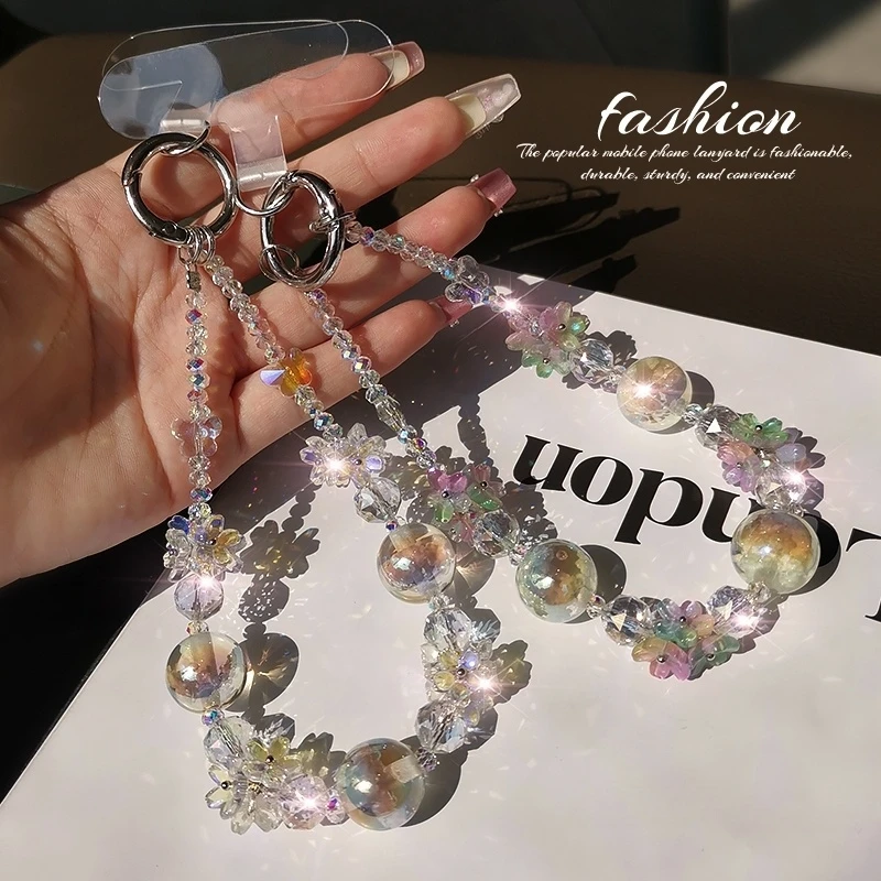 防丢精致花朵串珠手机挂绳星空水晶链条手机链短款手腕手提链挂件
