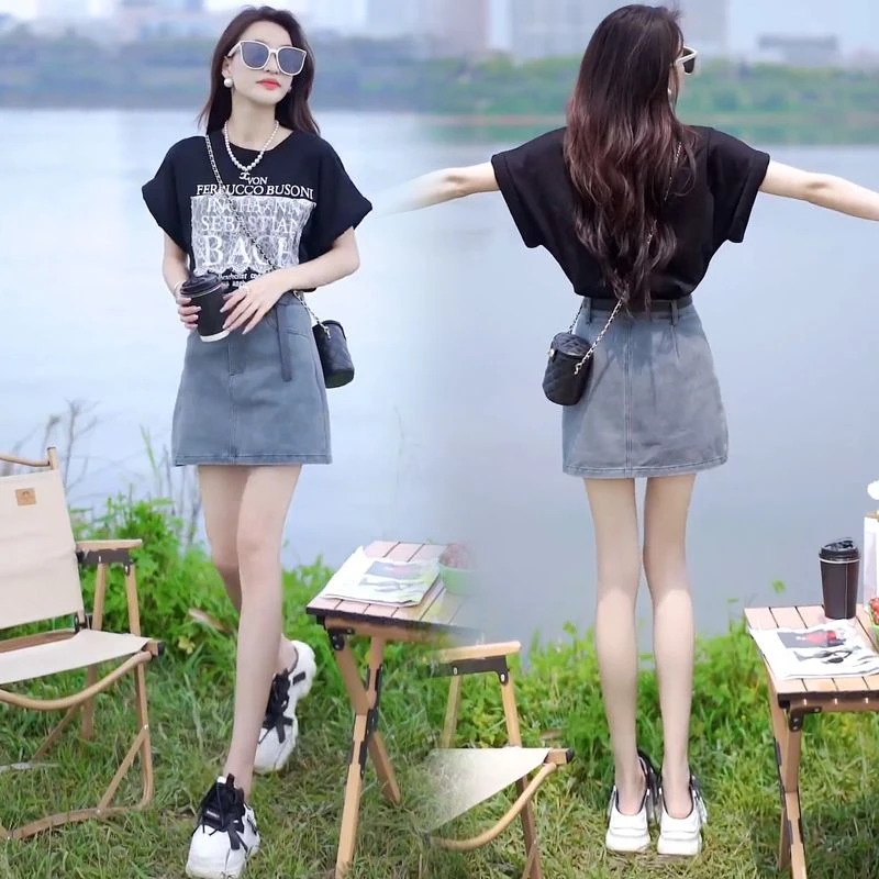 夏装夏季新款小子套装女休闲洋气减龄显瘦T恤女牛仔短裙两件套