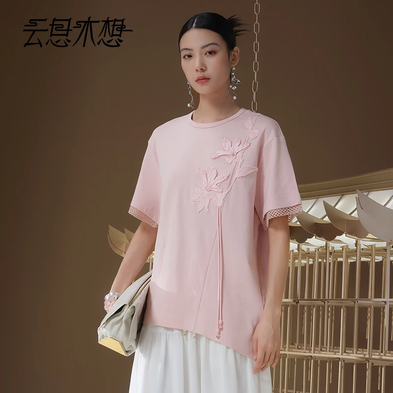 Ysimo-X云思木想 木棉花开 优雅立体花袖口拼网格不对称T恤12749