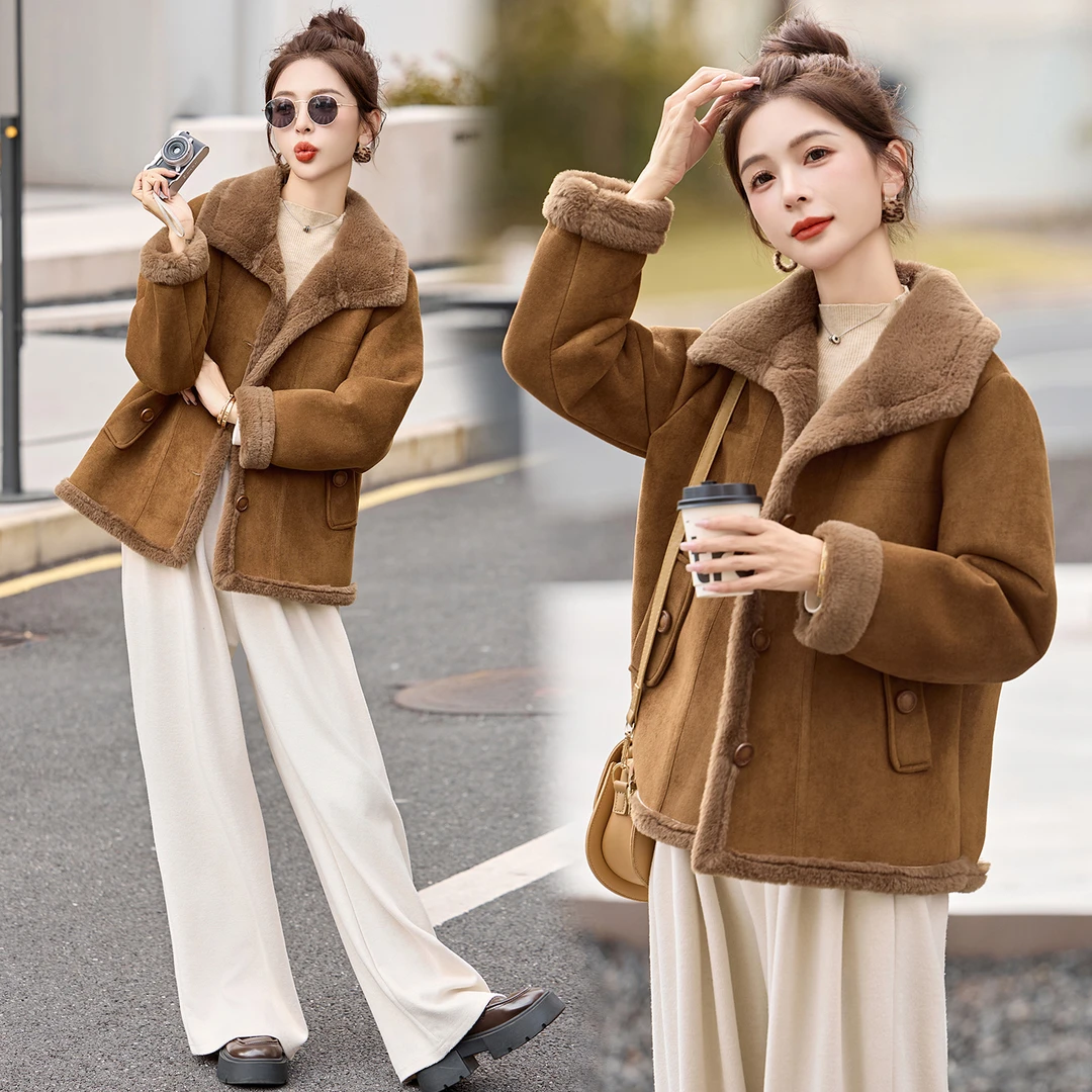 外套女款爆款2026新款正品仿木质复古纽扣皮毛一体加绒加厚冬天潮