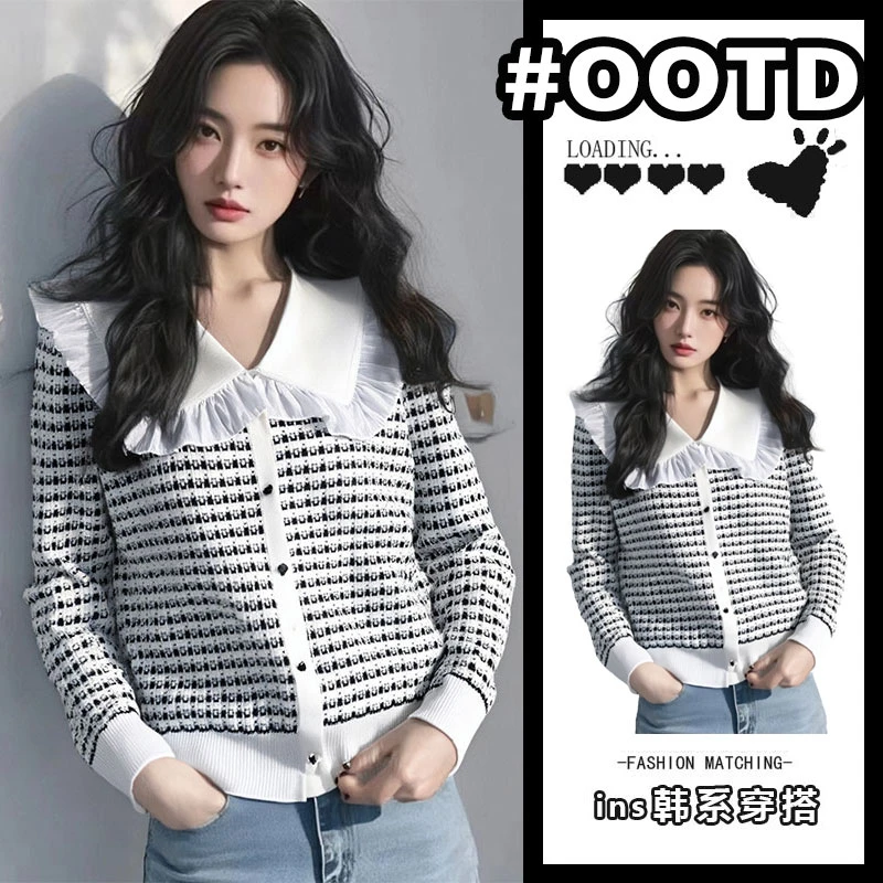 2025春季新款设计感娃娃领针织衫女时尚气质洋气宽松减龄长袖毛衣