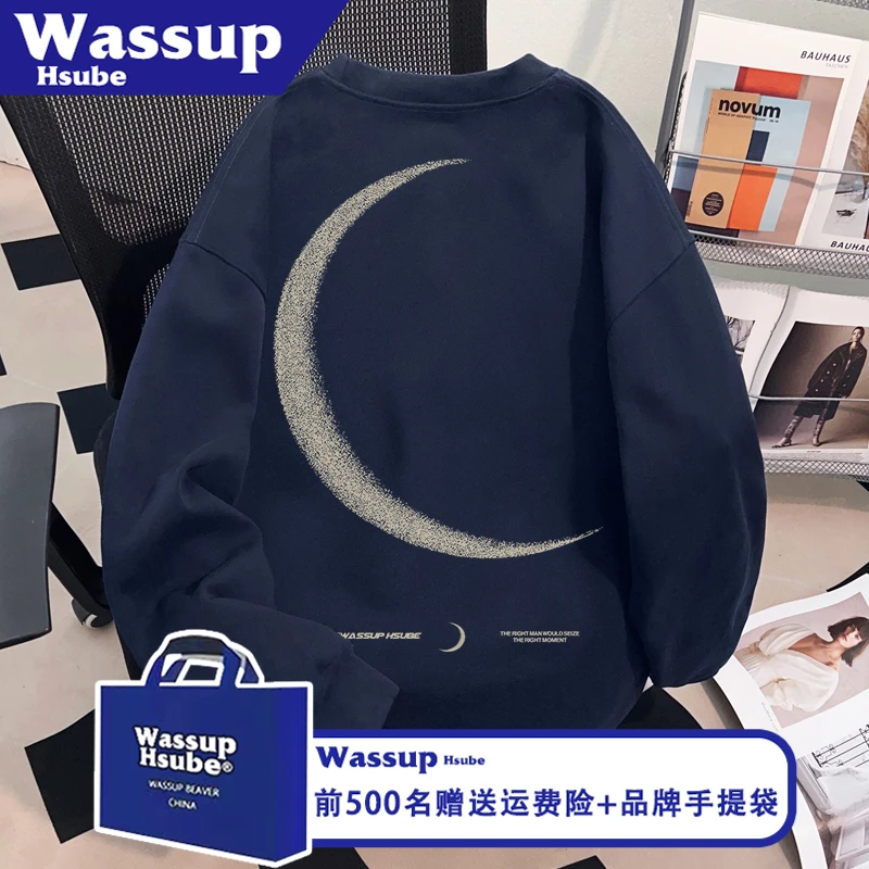 WASSUP HSUBE秋季藏青潮酷T恤创意图案印花纯棉长袖ins男女款上衣