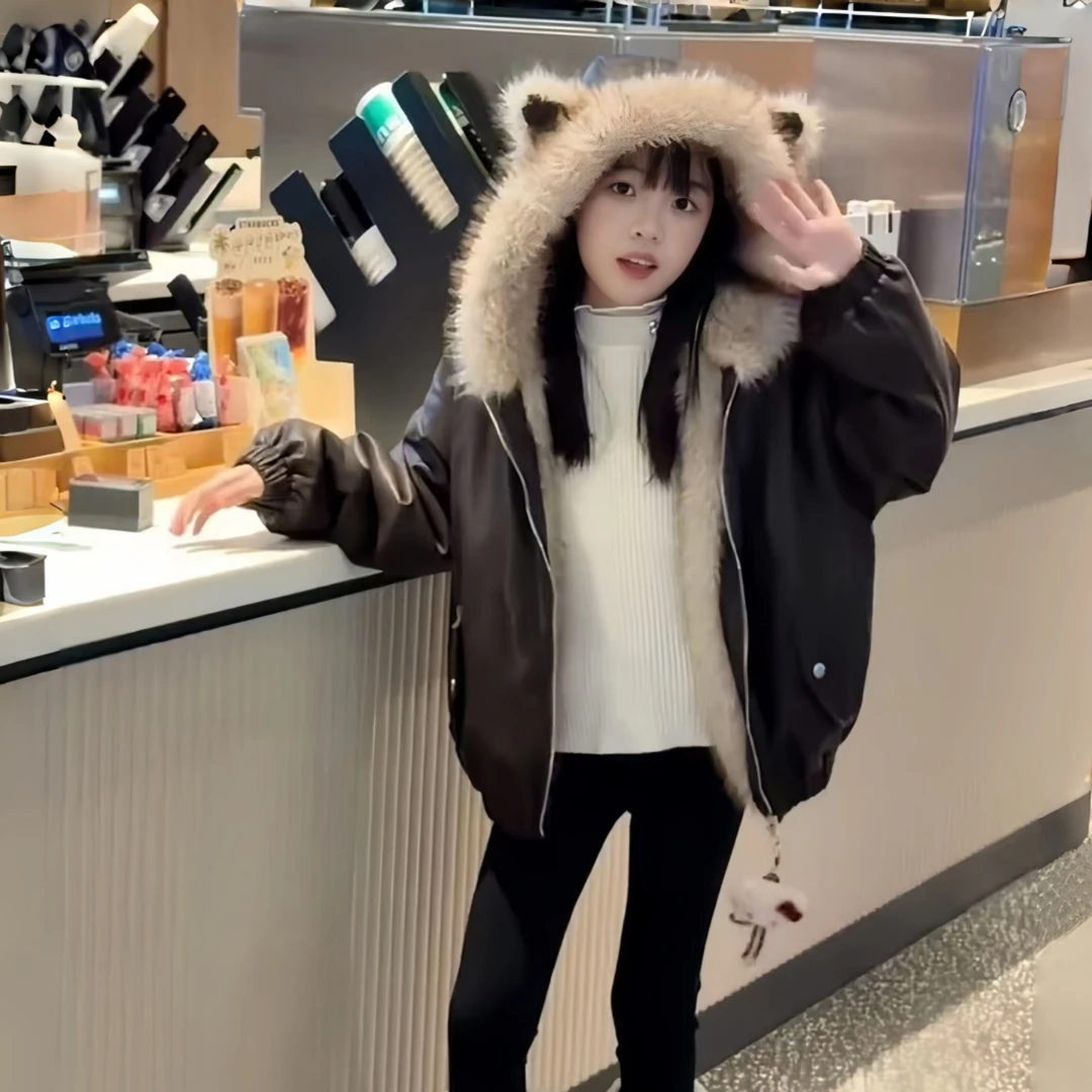 女童两面穿加绒仿皮衣外套冬季新款洋气韩系儿童加厚保暖派克服潮