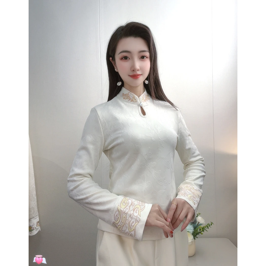 新中式国风打底衫女秋冬立领加绒加厚刺绣长袖保暖气质上衣